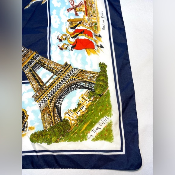 Vintage Paris France Souvenir Scarf Tourist Travel Scarf Blue White Eiffel Tower - Picture 3 of 9